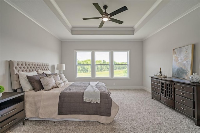 19389 W 114th Ter, Olathe, KS 66061 - bedroom with a raised ceiling, light carpet, ornamental molding, and ceiling fan