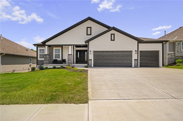 19389 W 114th Ter, Olathe, KS 66061 - view of front of property with a garage, a front yard, driveway, a porch, and stone siding