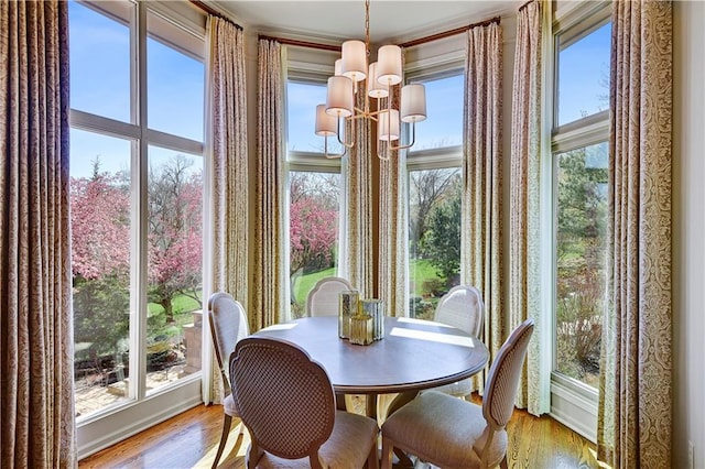 4319 N Mulberry Dr, Kansas City, MO 64116 - dining room featuring plenty of natural light, wood finished floors, and a notable chandelier