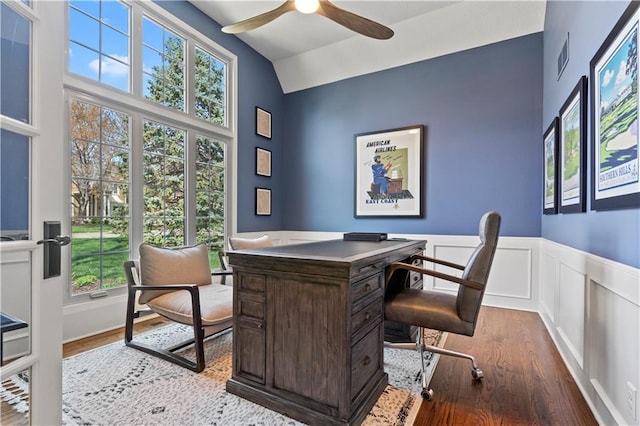 4319 N Mulberry Dr, Kansas City, MO 64116 - office space featuring wood finished floors, a ceiling fan, high vaulted ceiling, visible vents, and wainscoting