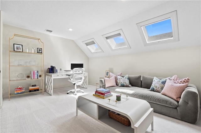 4319 N Mulberry Dr, Kansas City, MO 64116 - living room with recessed lighting, baseboards, carpet flooring, lofted ceiling with skylight, and visible vents
