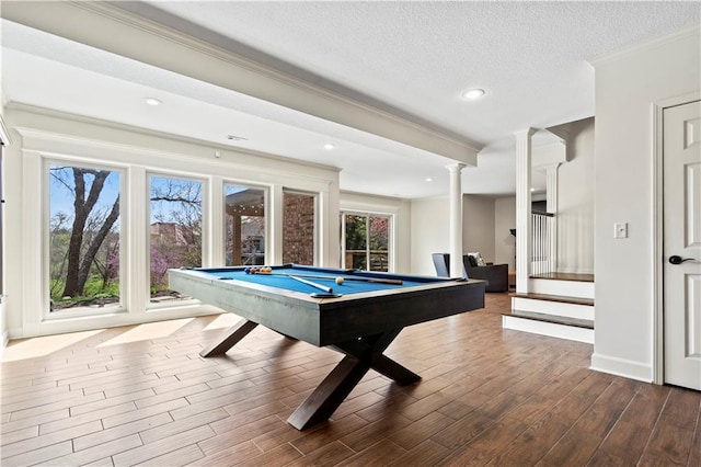 4319 N Mulberry Dr, Kansas City, MO 64116 - rec room with decorative columns, wood finished floors, ornamental molding, a textured ceiling, and billiards