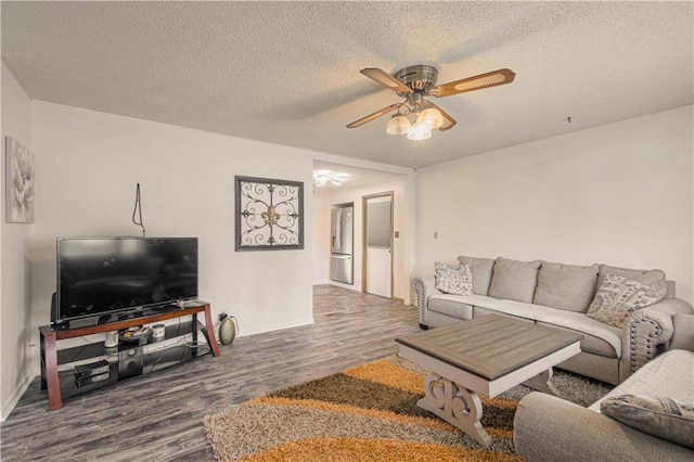 435 NE 41st Ter, Kansas City, MO 64116 - living room with baseboards, a ceiling fan, wood finished floors, and a textured ceiling