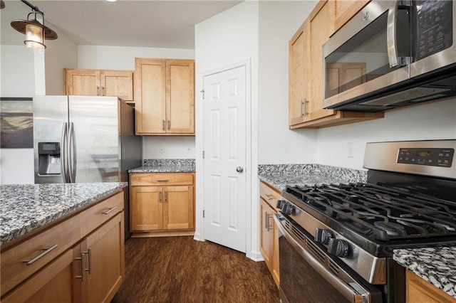 1423 SW Fairfax Rd, Lees Summit, MO 64083 - kitchen with stainless steel appliances, dark wood-type flooring, and light stone counters