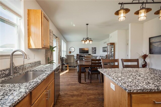 1423 SW Fairfax Rd, Lees Summit, MO 64083 - kitchen featuring dark wood finished floors, open floor plan, dishwasher, decorative light fixtures, and light stone countertops