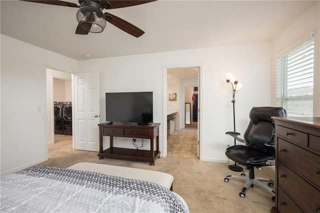 1423 SW Fairfax Rd, Lees Summit, MO 64083 - bedroom with washer and clothes dryer, light carpet, an office area, and ceiling fan