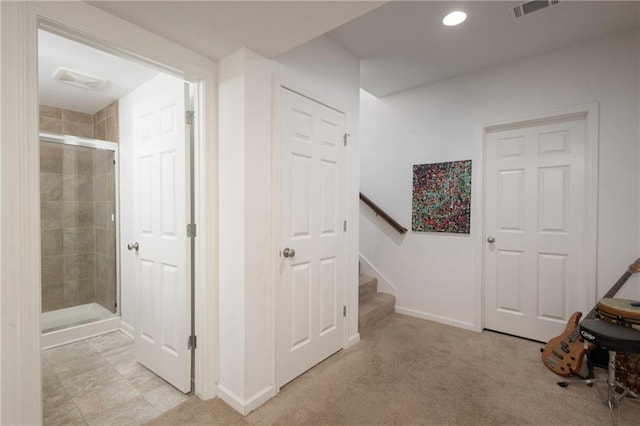 1423 SW Fairfax Rd, Lees Summit, MO 64083 - corridor with stairs, light carpet, and recessed lighting