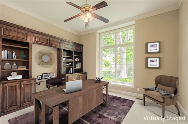 office with baseboards, ceiling fan, ornamental molding, and dark colored carpet
