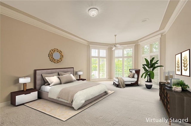 carpeted bedroom with ornamental molding, multiple windows, and baseboards