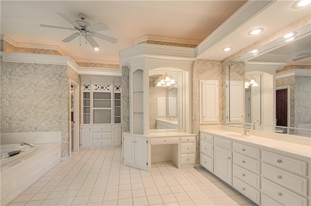 bathroom with ornamental molding, tile patterned flooring, a chandelier, vanity, and wallpapered walls