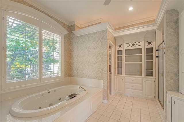 full bath with a jetted tub, tile patterned flooring, a stall shower, and ornamental molding