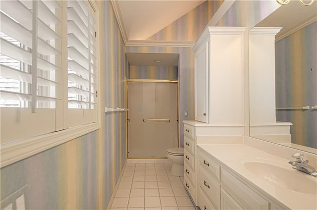 full bathroom with wallpapered walls, toilet, a shower stall, tile patterned floors, and vanity