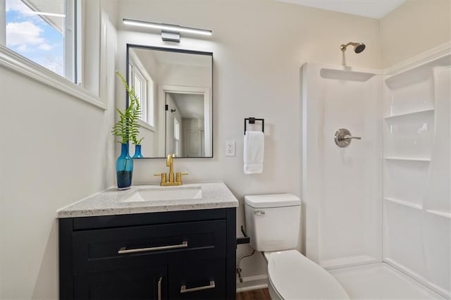 bathroom with toilet, a shower, and vanity