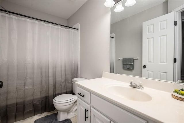 full bathroom with vanity, tile patterned flooring, toilet, and a shower with shower curtain