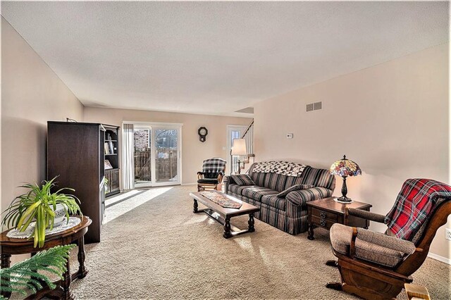 carpeted living area featuring baseboards, visible vents, and a textured ceiling