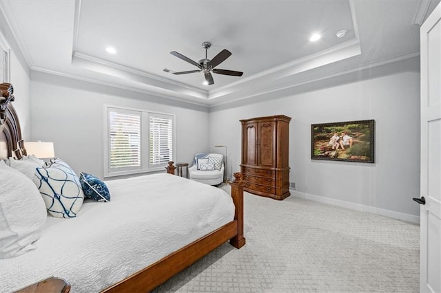 2189 W 89th Pl, Leawood, KS 66206 - carpeted bedroom featuring crown molding, a ceiling fan, recessed lighting, a raised ceiling, and baseboards