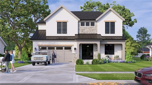 7143 Cedar St, Prairie Village, KS 66208 - view of front facade featuring a standing seam roof, driveway, a front yard, a garage, and stone siding