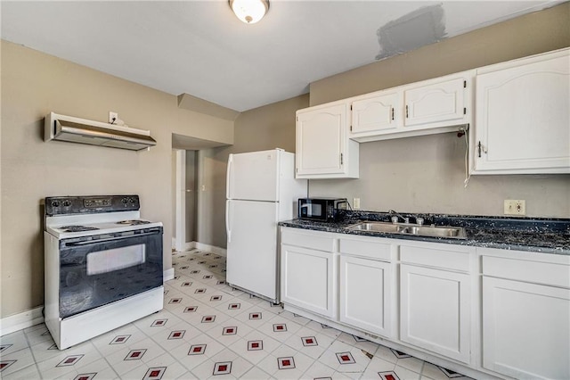kitchen featuring baseboards, white appliances, white cabinets, under cabinet range hood, and a sink