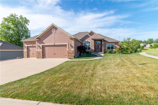 single story home with stone siding, a garage, stucco siding, concrete driveway, and a front lawn