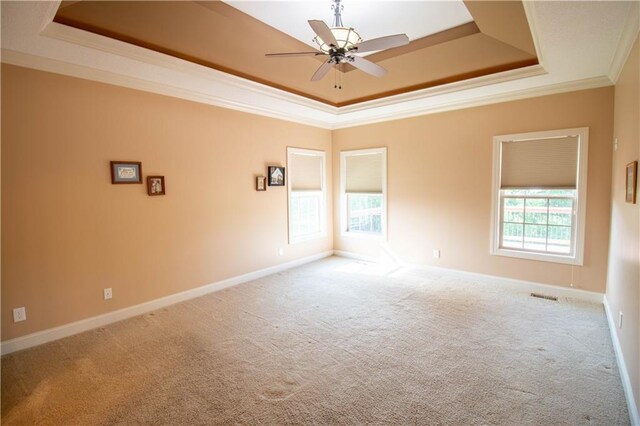 carpeted spare room with a raised ceiling, crown molding, a ceiling fan, and baseboards