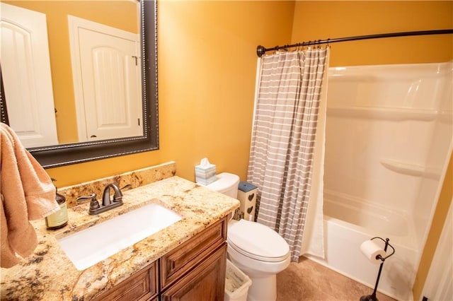 full bath featuring toilet, vanity, and shower / bath combination with curtain