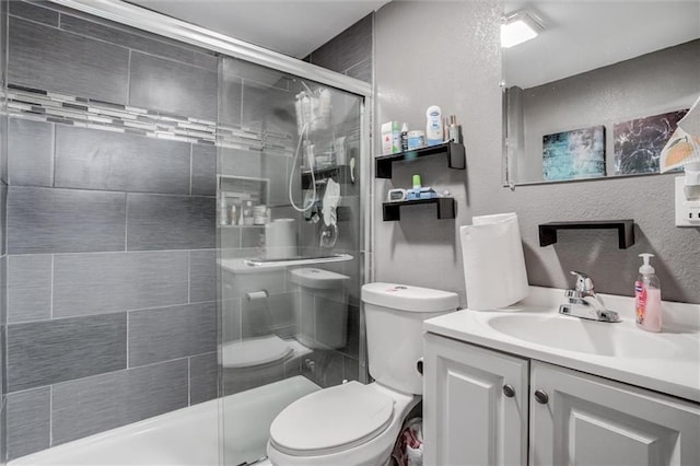 2915 Farrow Ave, Kansas City, KS 66104 - bathroom with a textured wall, vanity, toilet, and a stall shower