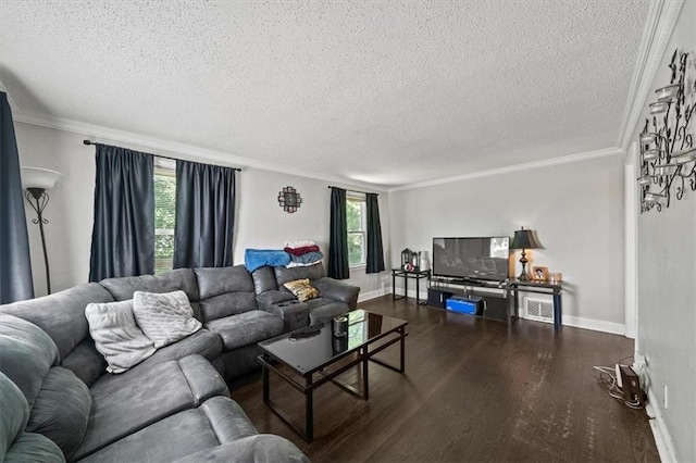 1340 E 85th St, Kansas City, MO 64131 - living area with a textured ceiling, dark wood-style flooring, and ornamental molding