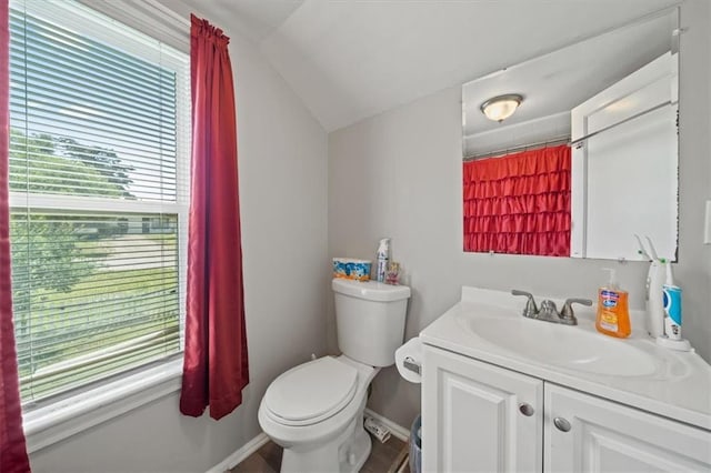 1340 E 85th St, Kansas City, MO 64131 - bathroom featuring vanity, vaulted ceiling, and curtained shower