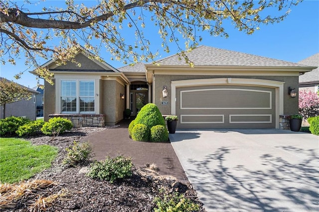 ranch-style home featuring roof with shingles, driveway, stucco siding, and an attached garage