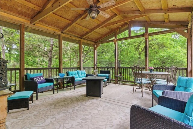 16524 Horton St, Stilwell, KS 66085 - sunroom with outdoor lounge area, a ceiling fan, healthy amount of natural light, and vaulted ceiling