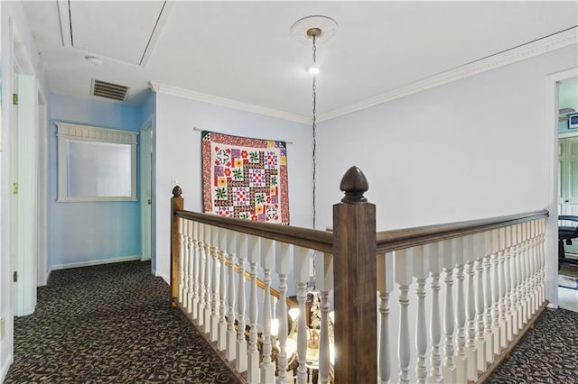 16524 Horton St, Stilwell, KS 66085 - hallway featuring carpet, an upstairs landing, baseboards, crown molding, and attic access