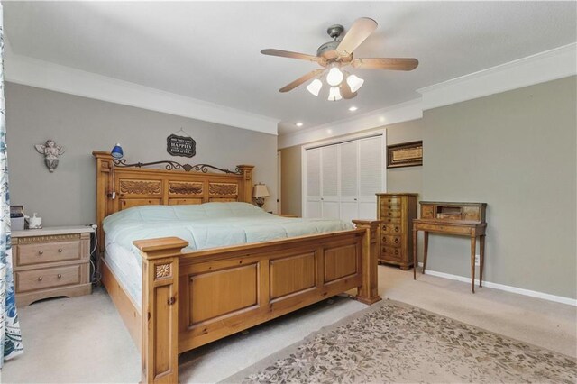 16524 Horton St, Stilwell, KS 66085 - bedroom with a closet, crown molding, light colored carpet, baseboards, and a ceiling fan