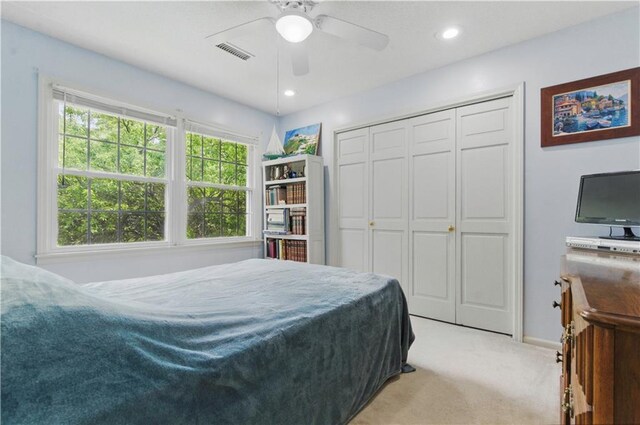 16524 Horton St, Stilwell, KS 66085 - bedroom featuring light colored carpet, baseboards, a ceiling fan, a closet, and recessed lighting