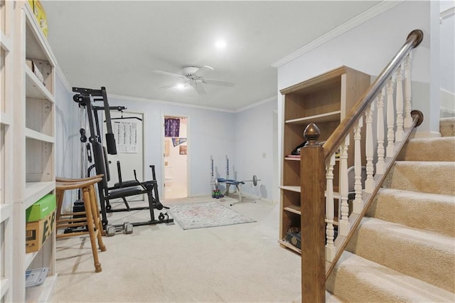 16524 Horton St, Stilwell, KS 66085 - exercise area featuring crown molding, a ceiling fan, and carpet flooring