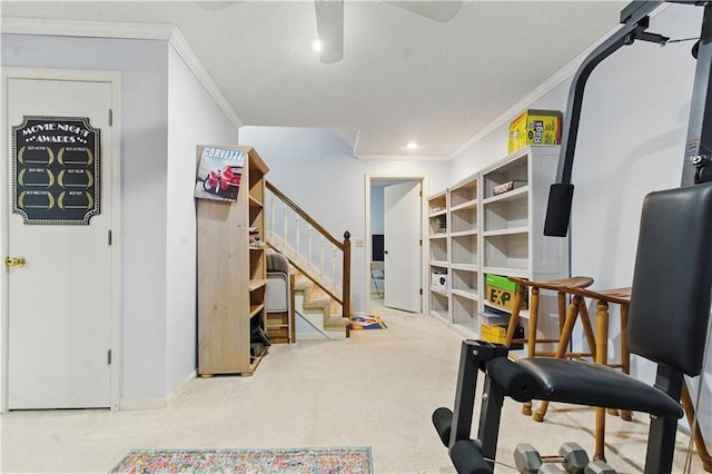 16524 Horton St, Stilwell, KS 66085 - workout area featuring crown molding, carpet flooring, ceiling fan, baseboards, and recessed lighting