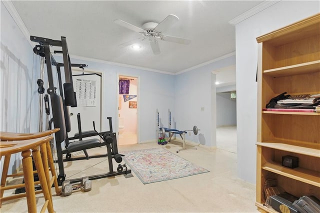 16524 Horton St, Stilwell, KS 66085 - workout area with crown molding, ceiling fan, and carpet flooring