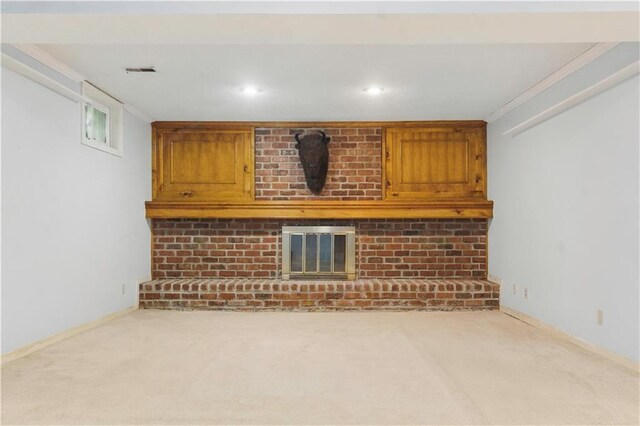 16524 Horton St, Stilwell, KS 66085 - unfurnished living room with carpet flooring, ornamental molding, baseboards, a fireplace, and recessed lighting