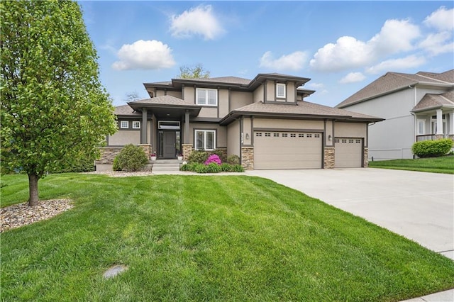 9308 N Chatham Ave, Kansas City, MO 64154 - prairie-style house with stucco siding, a front yard, driveway, and stone siding