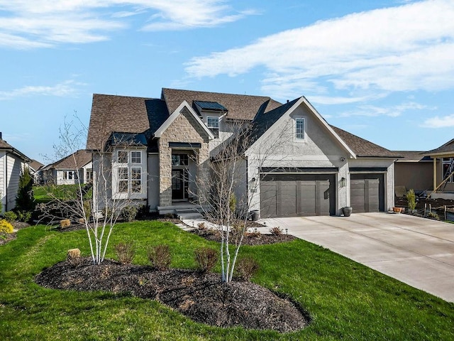 view of front of house with stucco siding, stone siding, a front lawn, an attached garage, and concrete driveway