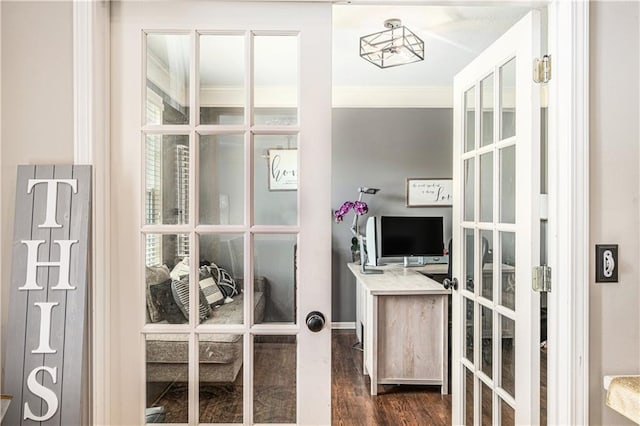 7325 Oakview St, Shawnee, KS 66216 - office space with ornamental molding, french doors, and dark wood-type flooring