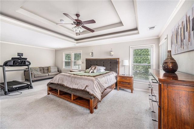 7325 Oakview St, Shawnee, KS 66216 - carpeted bedroom with a tray ceiling, crown molding, and ceiling fan