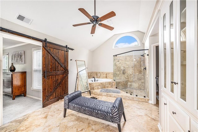7325 Oakview St, Shawnee, KS 66216 - bathroom with lofted ceiling, a garden tub, a shower stall, and ceiling fan