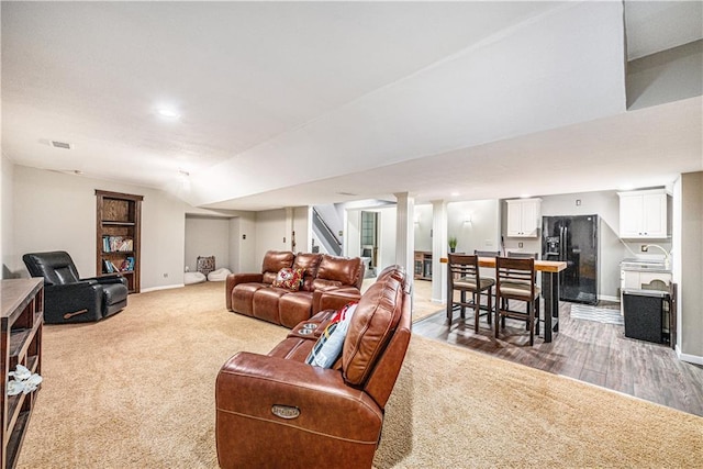 7325 Oakview St, Shawnee, KS 66216 - living area featuring stairway, carpet, and recessed lighting