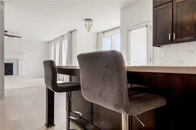 dining space with a fireplace with raised hearth