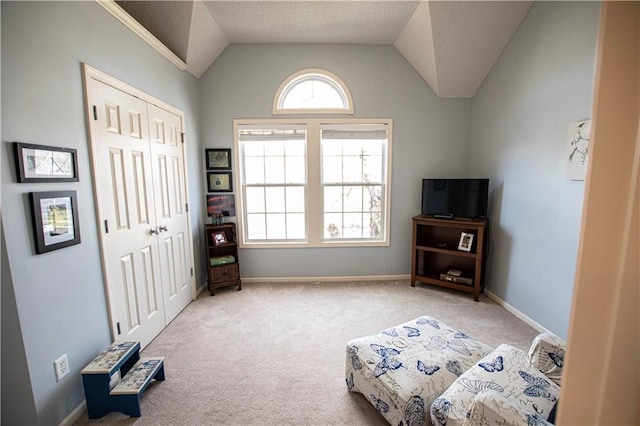 living area featuring carpet, lofted ceiling, a textured ceiling, and baseboards