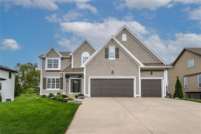 traditional-style house featuring fence, a shingled roof, driveway, and a front yard