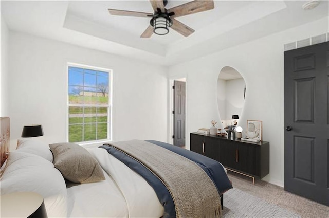 806 S Woodbine Rd, Saint Joseph, MO 64507 - bedroom featuring light colored carpet, a tray ceiling, and ceiling fan