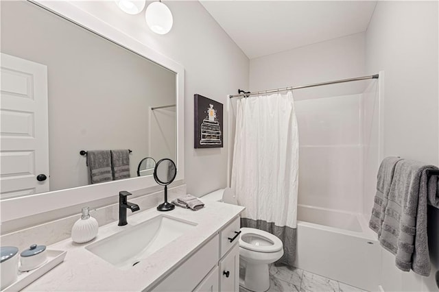 full bathroom with marble look tiles, toilet, vanity, and shower / tub combo