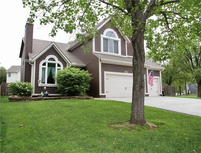 view of front of home featuring a front lawn, fence, driveway, and a chimney