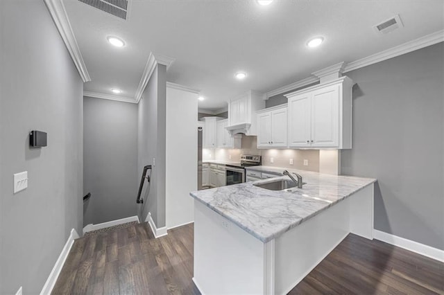 kitchen with stainless steel electric range, a sink, baseboards, dark wood finished floors, and white cabinetry